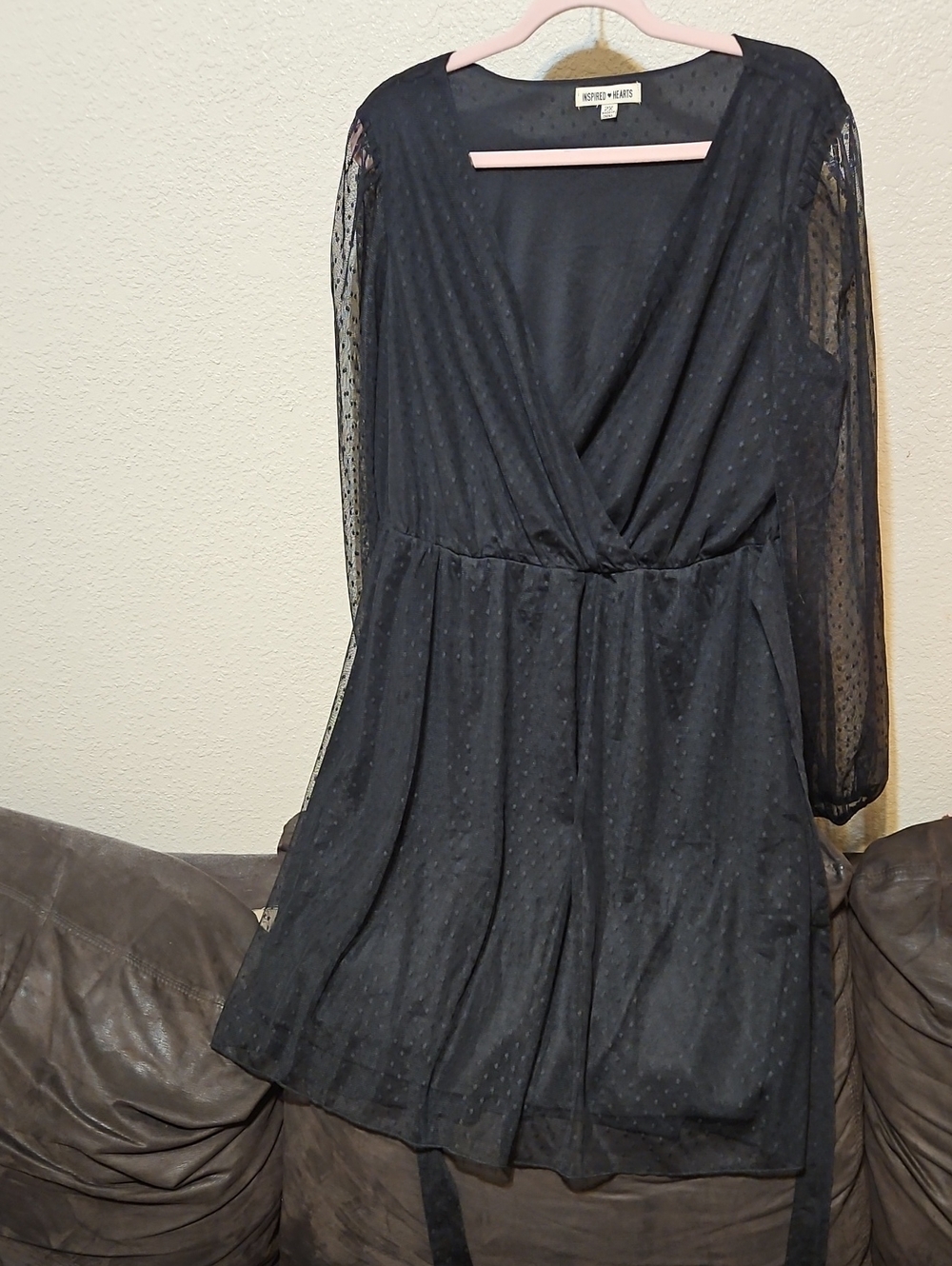 Inspired Hearts Black Long Sleeve Dotted Mesh Wrap Skater Dress
